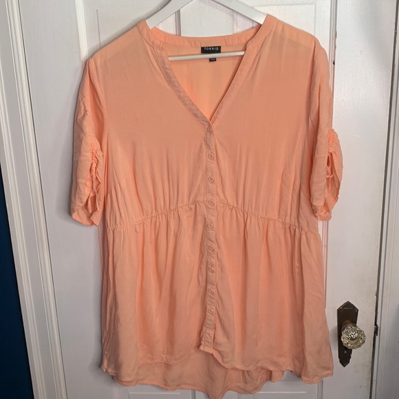 Torrid Babydoll Challis Tie Sleeve Peach Blouse Top W-523 Plus Size 1X - Picture 3 of 8